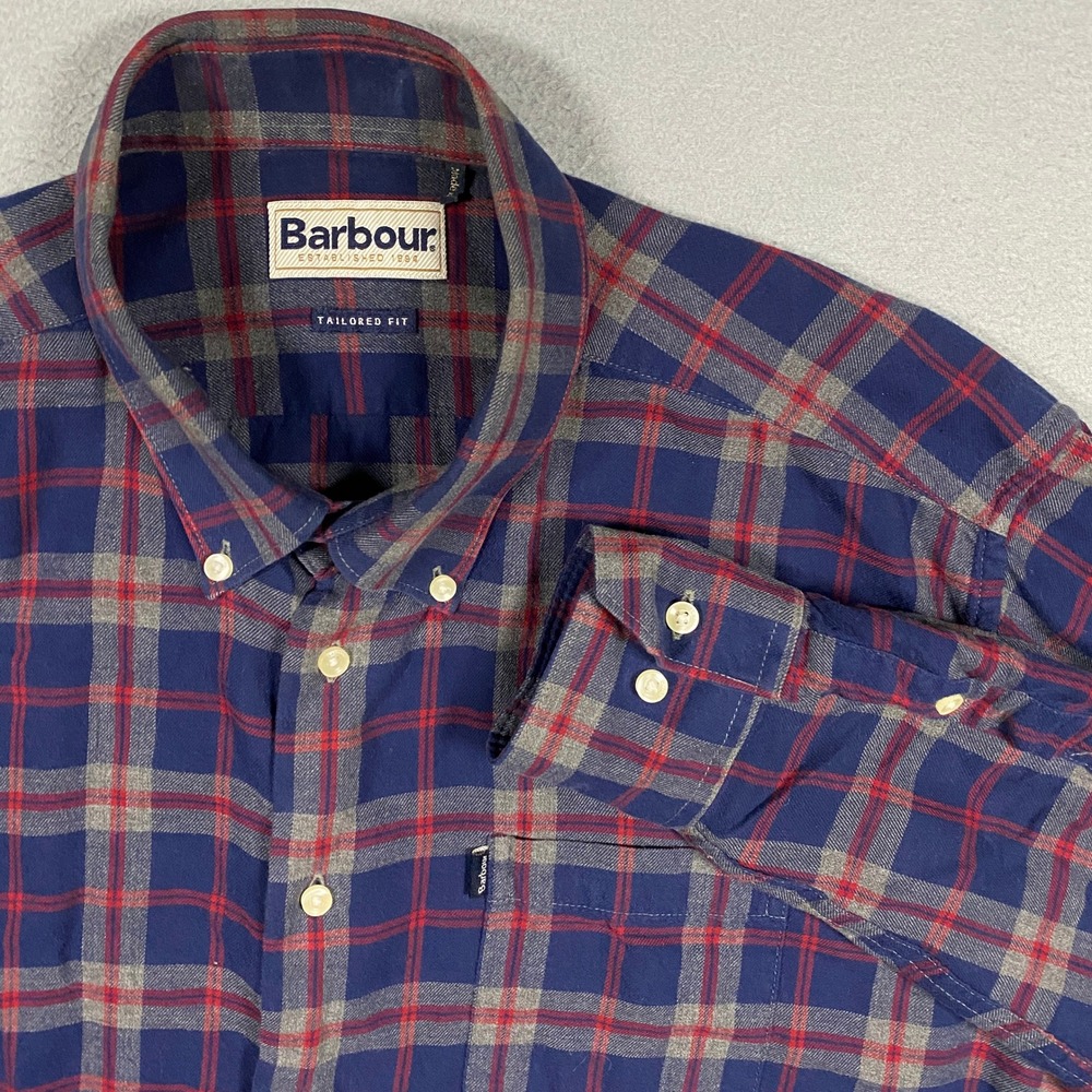 Barbour Button Down Shirt Mens XL Blue Plaid Seth Tailored Fit Flannel